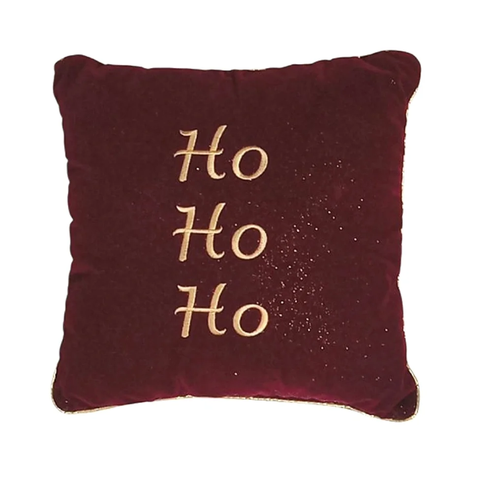 Christmas Embroidered Burgandy Velvet Gold GlitterTrim Throw Pillow